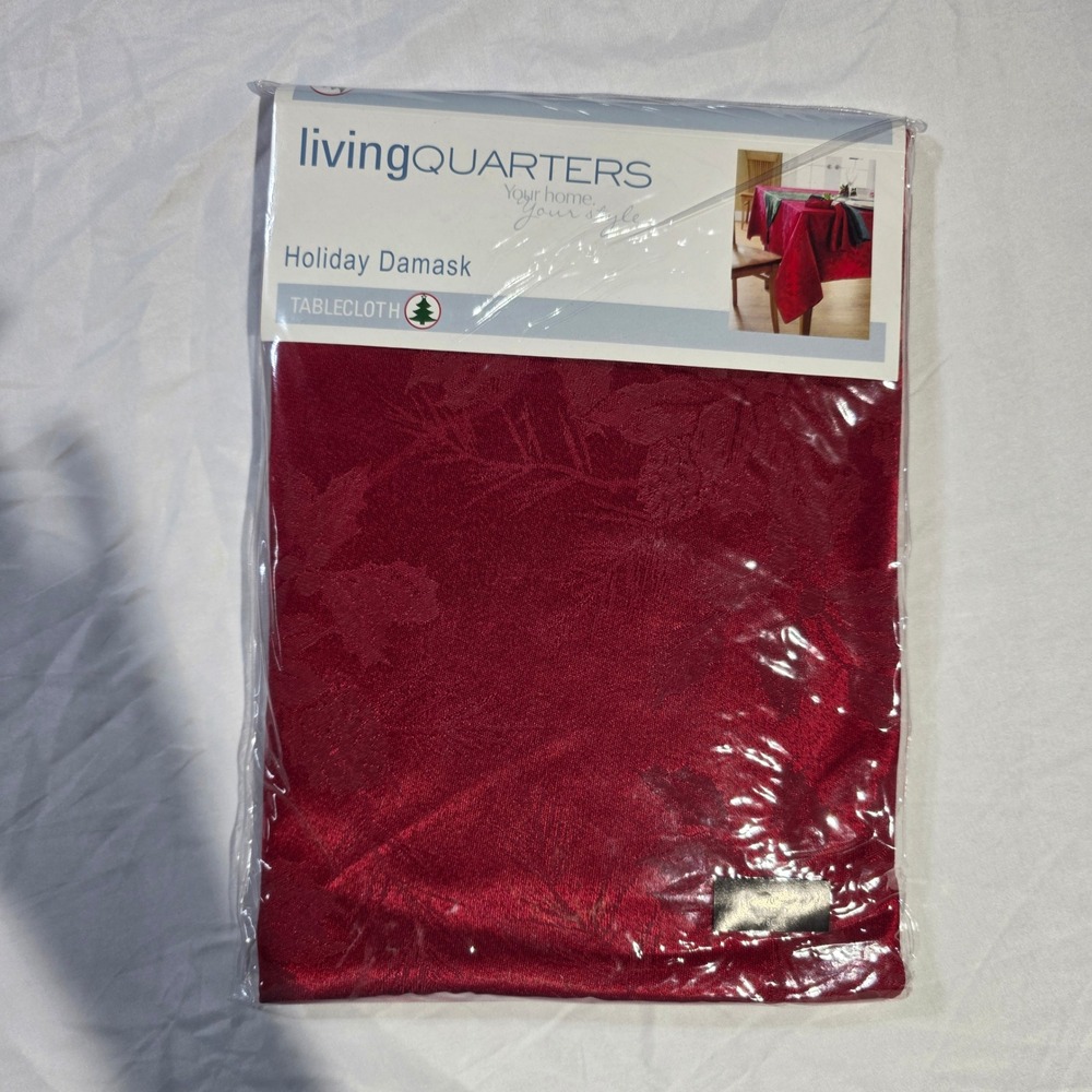 Living Quarters Red Holiday Damask Round Tablecloth 70 Inch Holly Christmas
